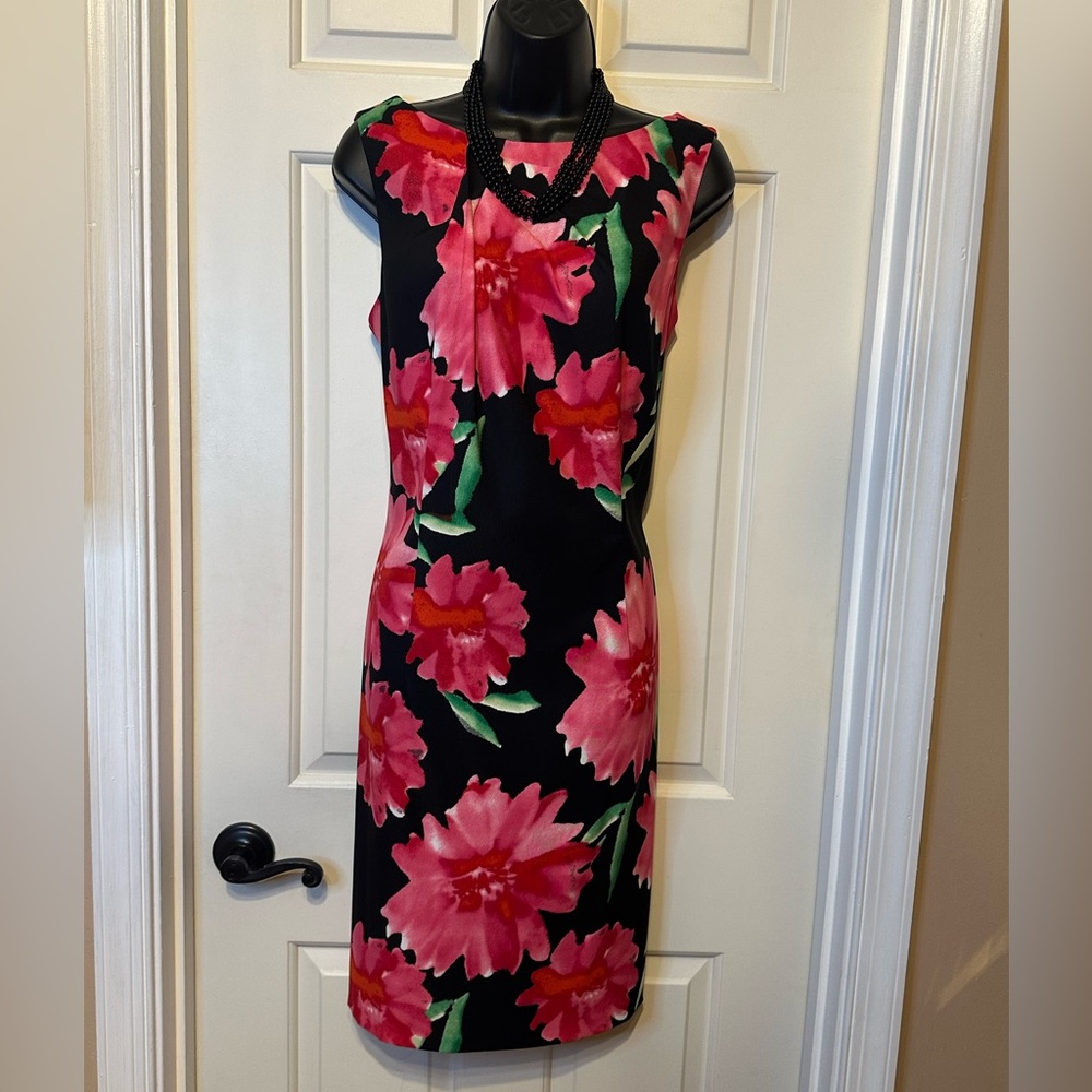 D57-Floral Sleeveless Dress - Red, Black and Pink size 16